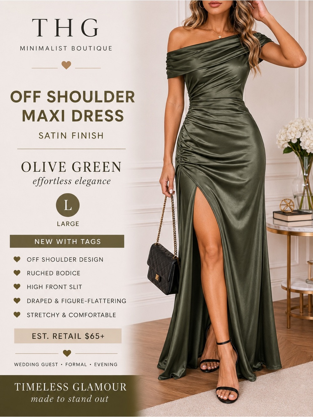 OYS Olive Satin Off Shoulder Maxi Gown High Slit Formal Evening Dress L
